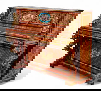 A Napoleon III inlaid tulipwood art case upright piano, case by Monbro Aine, the movement by Erard: A Napoleon III gilt bronze and porcelain mounted inlaid tulipwood art case upright pianoThe case by Monbro Aine, the movement by Erardthird quarter 19th centurySerial number 24665, applied with a plaq