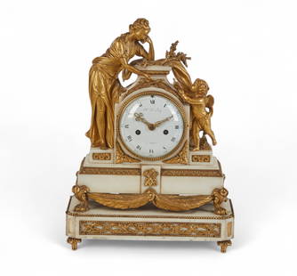 A Louis XVI gilt bronze and marble mantel clock, Charles Le Roy, Paris, late 18th century: A Louis XVI gilt bronze and marble mantel clockCharles Le Roy, Parislate 18th centuryThe circular enamel dial with Roman hours and Arabic minutes inscribed Ch Le Roy / A PARIS, the twin train movement