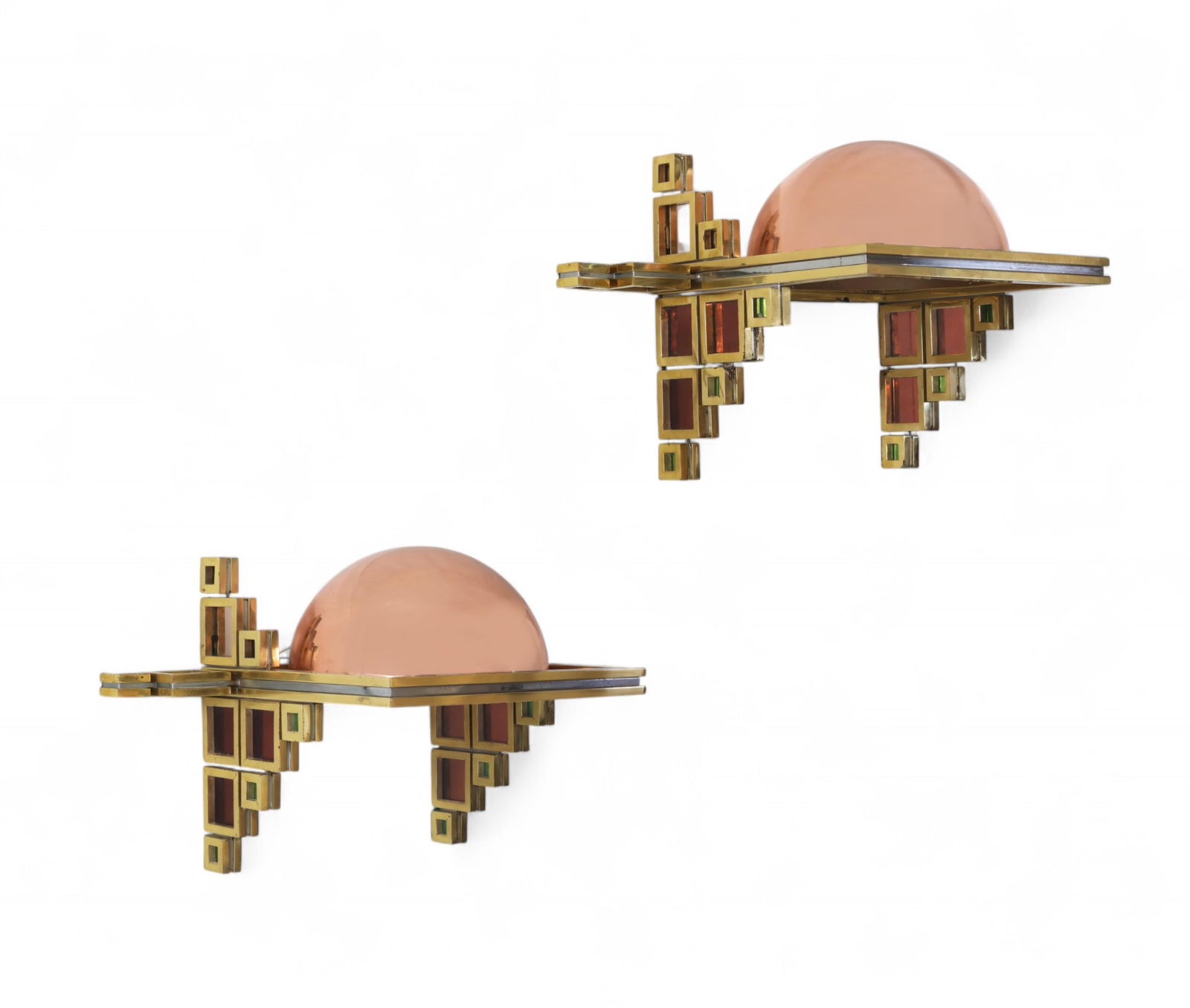 A pair of Alain Delon for Maison Jansen brass, copper, chrome and glass AD900 wall lights (1 of 5)