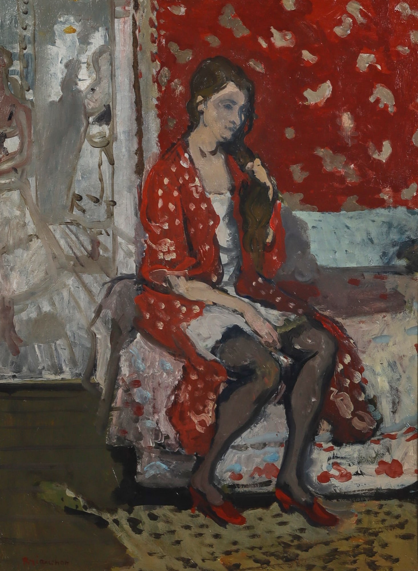 Maurice Brianchon (1899-1979), Femme en peignoir rouge (Woman in a red dressing gown): Maurice Brianchon1899-1979Femme en peignoir rouge (Woman in a red dressing gown)oil on canvassigned lower left Brianchon, with paper label to reverse29 x 21 1/2in. (74 x 54.5cm) Prove