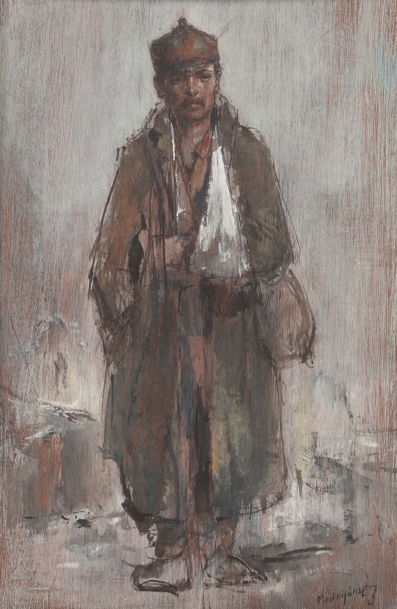 Laszlo Mednyanszky (Slovakian, 1852-1919), Wounded soldier: Laszlo Mednyanszky(Slovakian, 1852-1919)Wounded soldieroil on wood panelsigned lower right Mednyansky11 x 7in (28 x 18cm) Provenance:Property from a Private Collection, Las