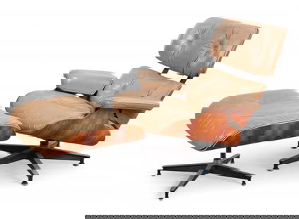 A Herman Miller lounge chair and ottoman, 670/671, designed by Charles and Ray Eames, 1970-84: A Herman Miller lounge chair and ottoman, 670/671designed by Charles and Ray Eames1970-84With makers labels to undersides. (2)the chair 32in (81.5cm); width 32in (81.5cm); depth of seat 20in (52cm) Pr