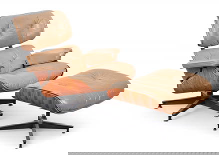 A Herman Miller lounge chair and ottoman, 670/671, designed by Charles and Ray Eames, 1970-84: A Herman Miller lounge chair and ottoman, 670/671designed by Charles and Ray Eames1970-84With makers labels to undersides. (2)the chair 32in (81.5cm); width 32in (81.5cm); depth of seat 20in (52cm) Pr