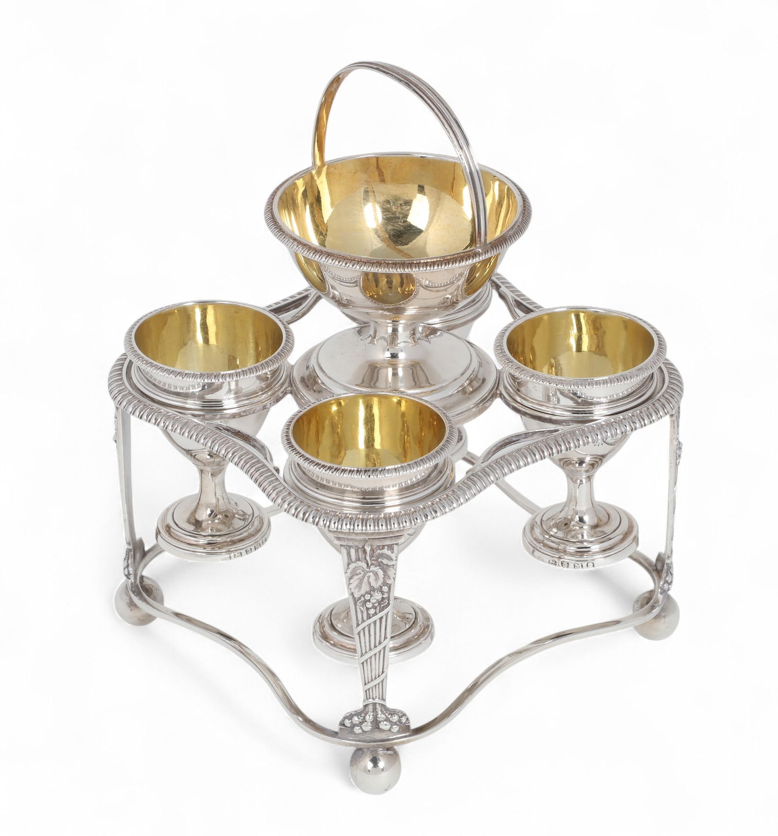 A George III sterling silver egg cruet, WS, London, 1807: A George III sterling silver egg cruetWS, London1807With heraldic crest.height 7 1/2in (19cm); width 5 1/2in (14cm) square; total weight approximately 21oz troy Provenance:Property from a