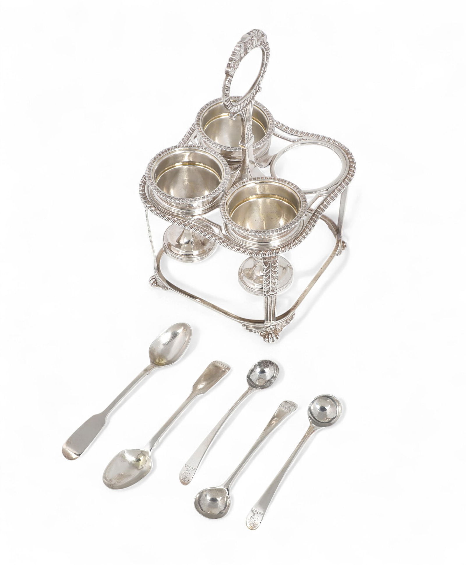 A six piece group of English sterling silver tableware, egg cruet Charles Price, London, 1821: A six piece group of English sterling silver tablewareegg cruet Charles Price, London1821Comprising a part egg cruet set, two egg spoons, and three salt spoons, some pieces monogrammed.cruet height 7