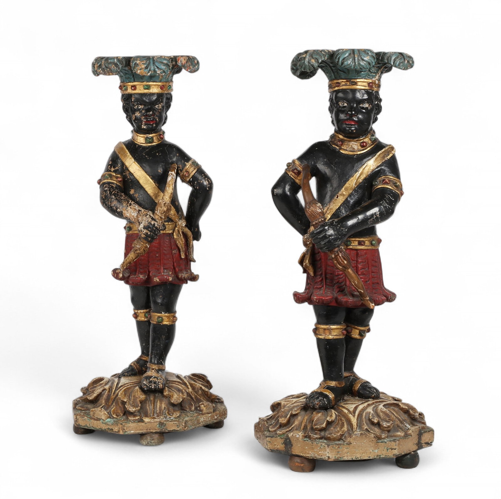 A pair of Venetian Rococo polychrome decorated figural pedestals, Mid 18th century: A pair of Venetian Rococo polychrome decorated figural pedestals Mid 18th century height 32in (80cm); diameter 14in (35cm) Provenance: Property from a Private Bel Air Estate.