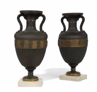 A pair of North European Neoclassical gilt and patinated bronze urns, First half 19th century: A pair of North European Neoclassical gilt and patinated bronze urnsFirst half 19th centuryheight 13 3/4in (34.5cm); diameter 6 1/2in (16cm) Provenance:Property from a Private Bel Air Estate.