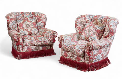 A pair of fully upholstered armchairs, Modern: A pair of fully upholstered armchairsModernEach with a scatter cushion.height 36in (90cm); width 41in (102.5cm); depth of seat 28in (70cm) Provenance:Property from a Private Bel Air Estate.