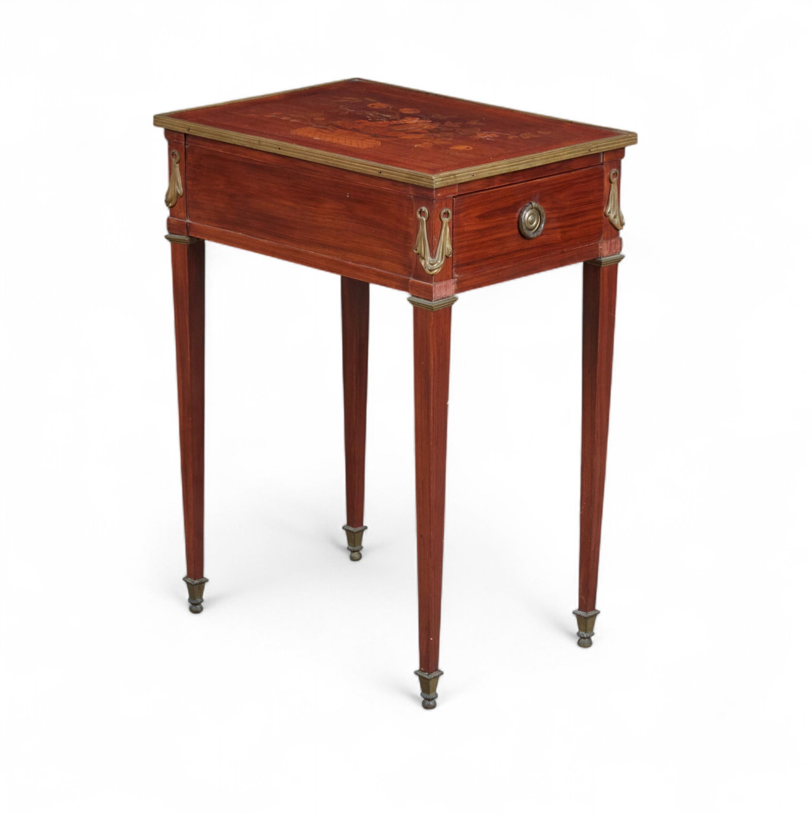 A Louis XVI gilt bronze mounted tulipwood and marquetry occasional table, Jacques Dautriche: A Louis XVI gilt bronze mounted tulipwood and marquetry occasional table Jacques Dautriche Late 18th century Stamped to underside DAUTRICHE and twice JME, with one frieze drawer. height 28 3/4in (72cm