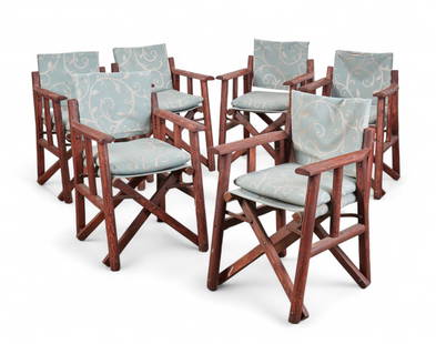 A set of six rustic stained and painted wood folding garden chairs, modern: A set of six rustic stained and painted wood folding garden chairsmodernEach with a loose seat cushion.height 34 1/2in (86cm); width 22in (55cm); depth of seat 17in (42.5cm) Provenance:Property