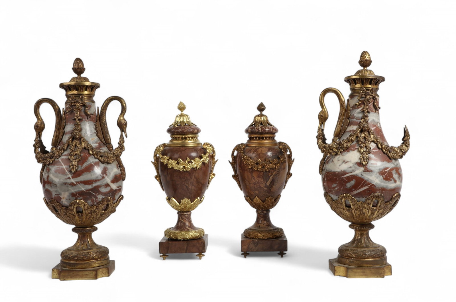 Two pairs of Louis XVI style gilt bronze mounted marble covered vases, 20th century: Two pairs of Louis XVI style gilt bronze mounted marble covered vases 20th century largest pair 20 1/4in (50.5cm); diameter 9in (22.5cm) Provenance: Property from the Estate of Larry Bond, Utah.