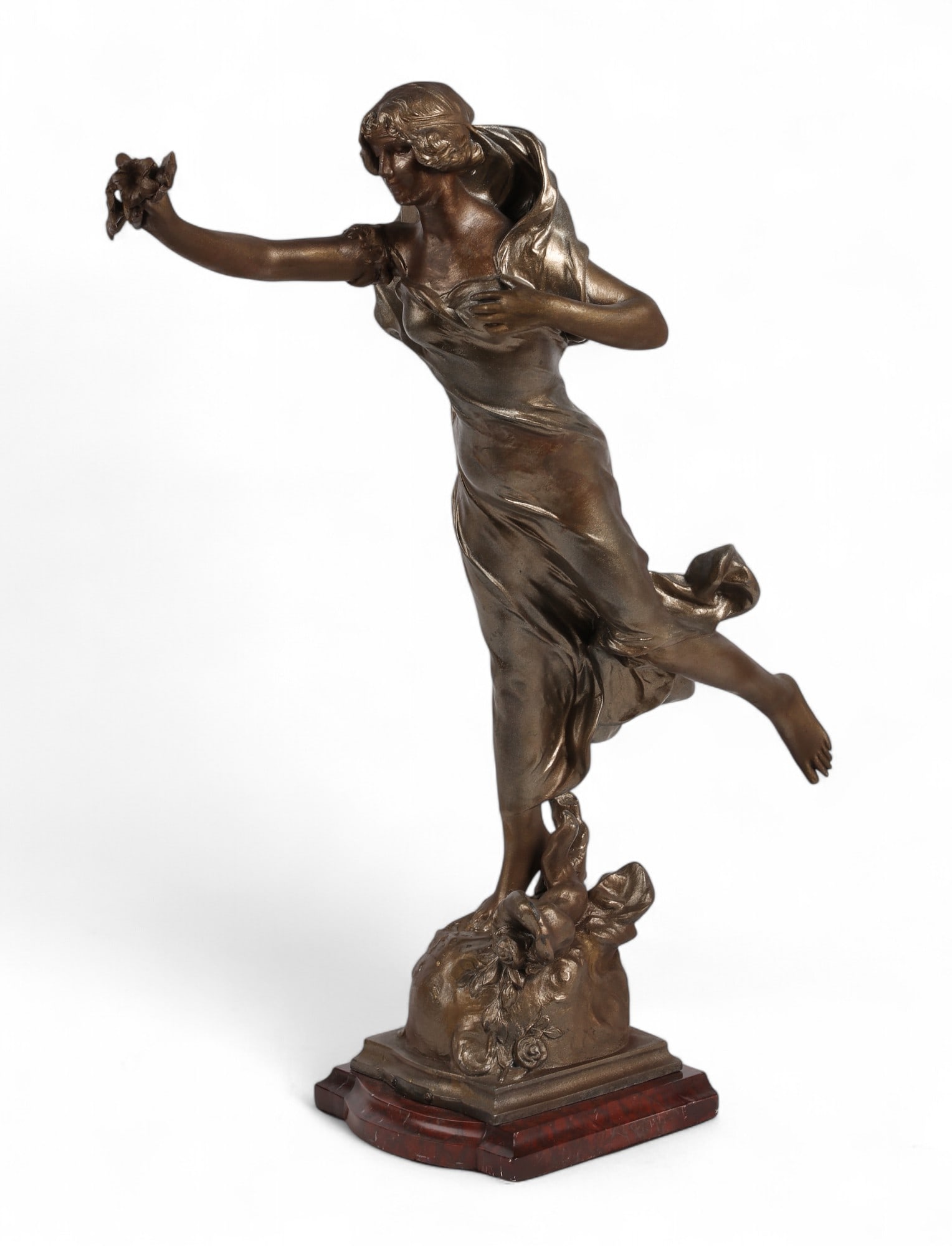A French Art Nouveau patinated spelter figure of a woman, attributed to Julien Causse (1869-1914): A French Art Nouveau patinated spelter figure of a womanattributed to Julien Causse (1869-1914)early 20th centuryInscribed J Causse to base, with impressed Fabrication Francaise Paris pastille to reve