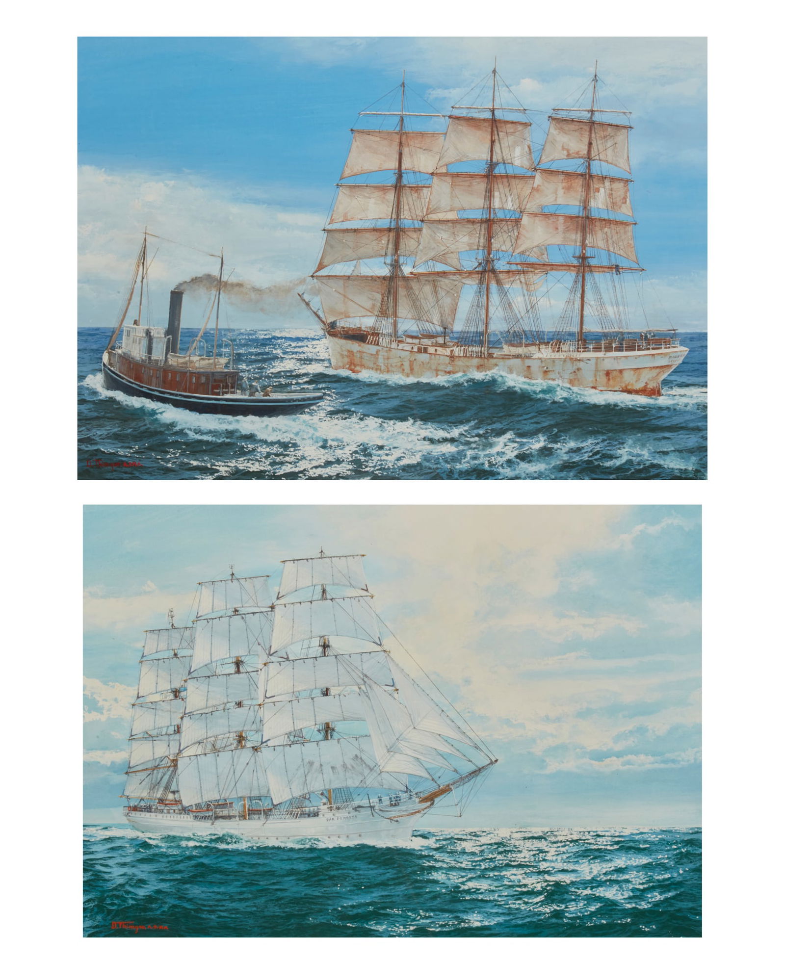 David Thimgan (American, 1955-2003), Three masted ship and Three masted ship with tugboat (2): David Thimgan(American, 1955-2003)Three masted ship and Three masted ship with tugboat (2)gouache on papereach signed lower left D. Thimgan A.S.M.A.larger 20 x 28in (51 x 71cm)