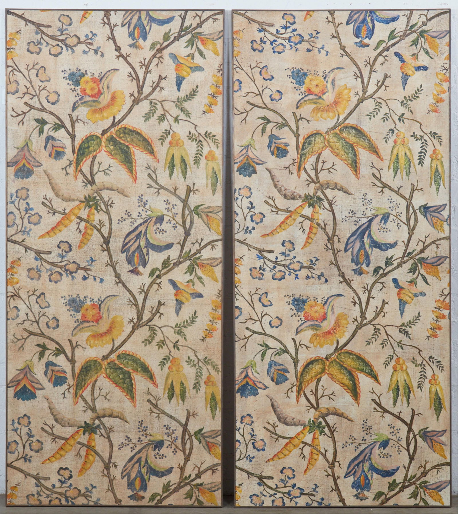 A pair of Dessin Fournir Eltham Palace painted floral wall panels, modern: A pair of Dessin Fournir Eltham Palace painted floral wall panelsmodernFramed.overall 82 x 36in (208 x 91.5cm) Provenance:From a Private Collection Hancock Park, California