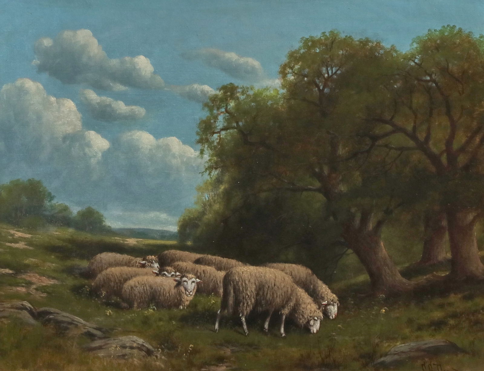 Charles Grant Davidson (American, 1865-1945), Sheep grazing in pasture, oil on canvas: Charles Grant Davidson(American, 1865-1945)Sheep grazing in pastureoil on canvassigned lower right C.G. Davidson16 x 20in (40 x 50cm)