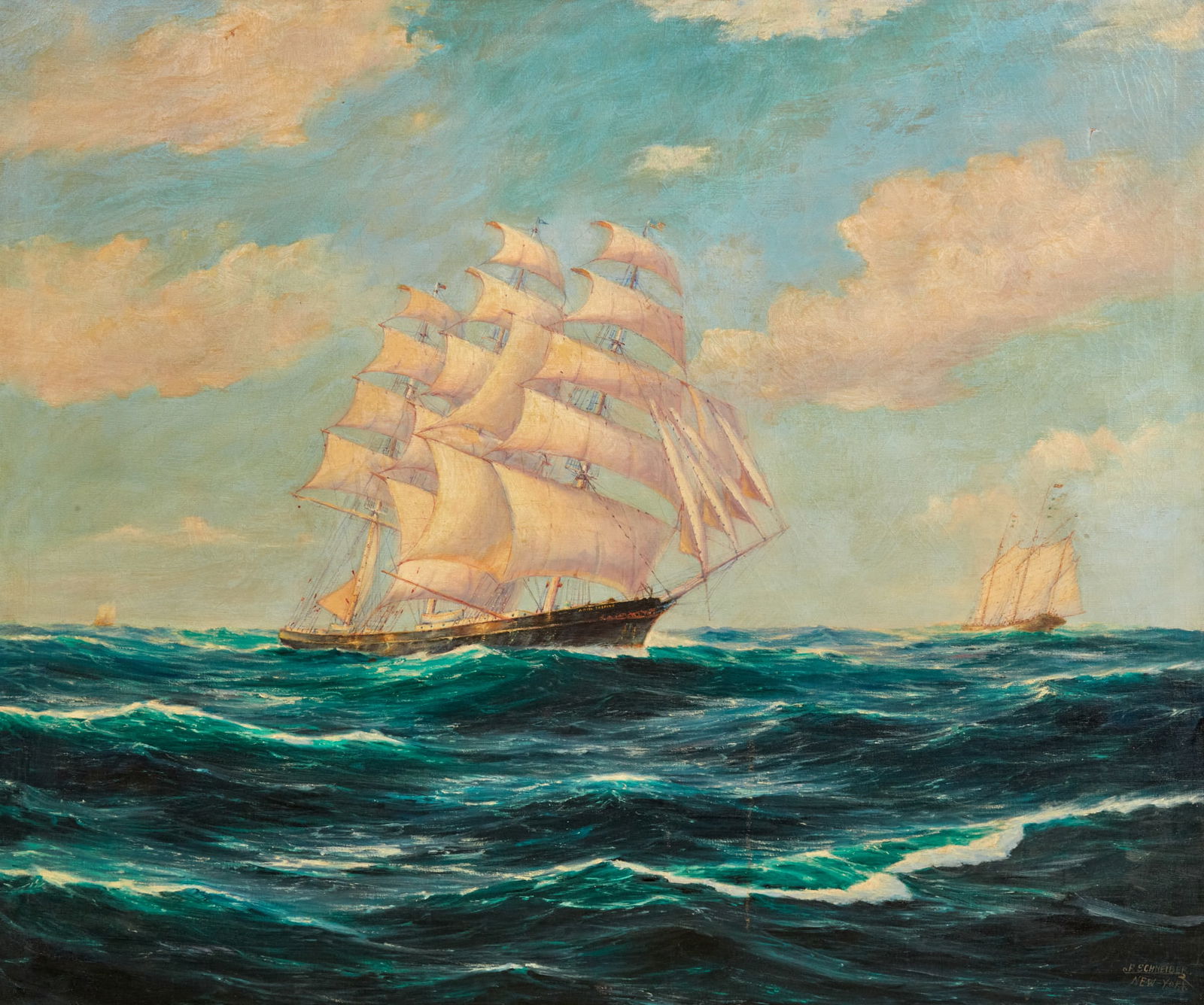 Frank Schneider (American, 1881-1935), Clipper ship at full sail, oil on canvas: Frank Schneider(American, 1881-1935)Clipper ship at full sailoil on canvas40 x 48in (102 x 122cm) Provenance:Property of a Private Hidden Hills Collector.