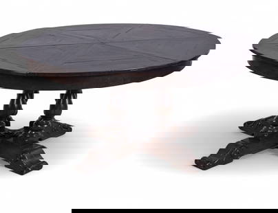 A Theodore Alexander stained wood Sylvan concentric extension dining table, modern: A Theodore Alexander stained wood Sylvan concentric extension dining tablemodernFitted with five leaves. With maker?s plaque to underside.height 30 1/4in (75.5cm); diameter 60in (150cm); diameter exte