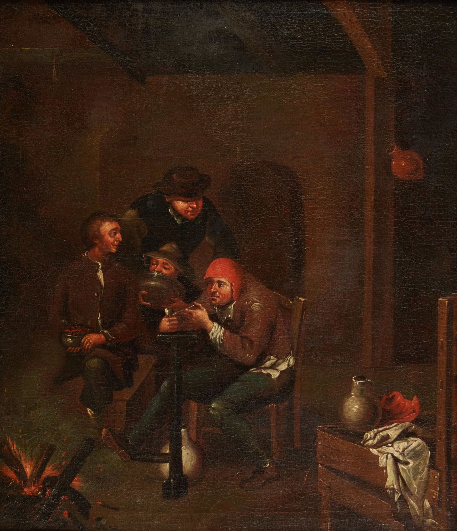 Manner of Adriaen Brouwer (Belgian, 1605-1638), Four men in a tavern, oil on canvas: Manner of Adriaen Brouwer(Belgian, 1605-1638)Four men in a tavernoil on canvas19 x 16in (48 x 40.5cm)