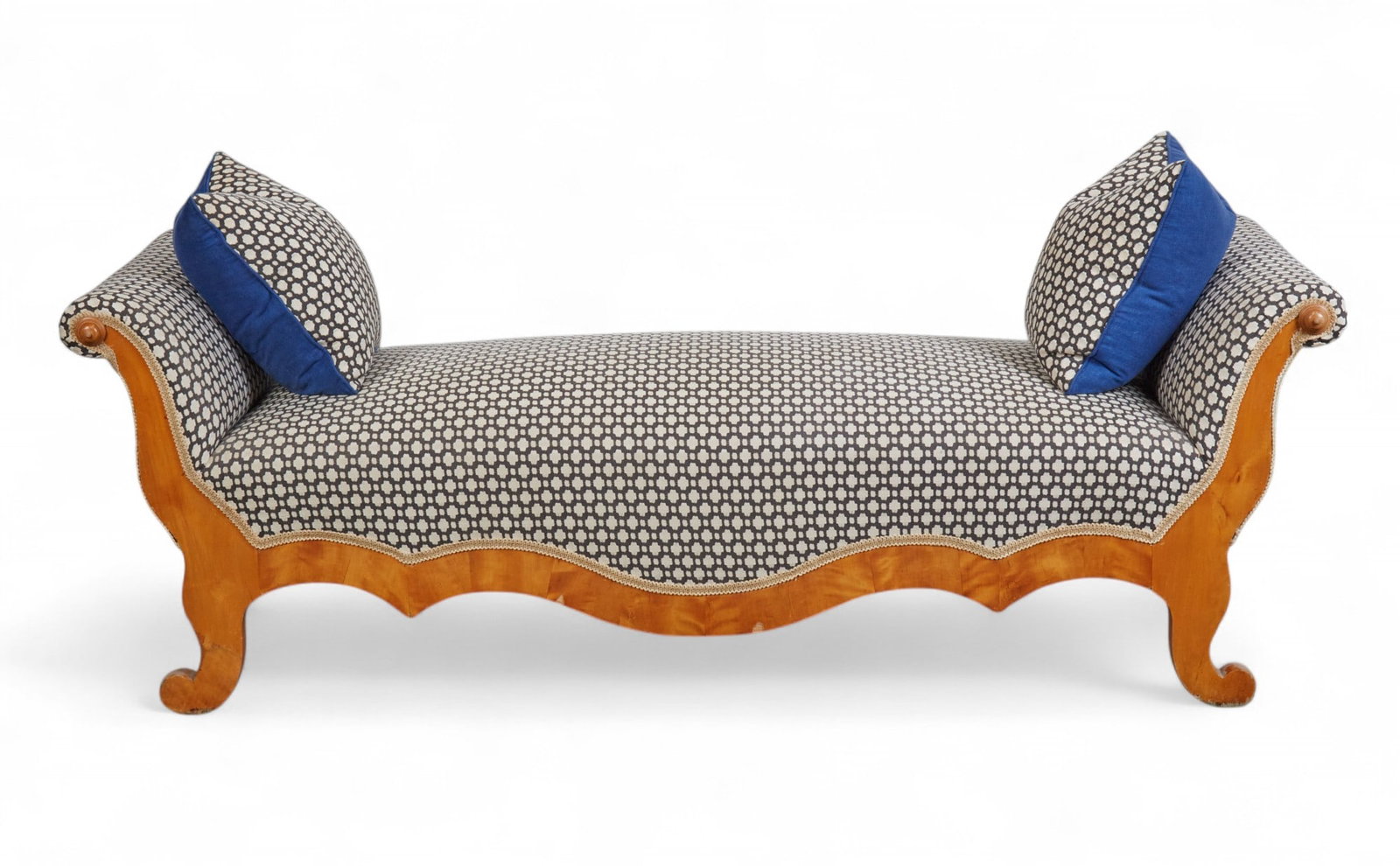 A Biedermeier style birch upholstered chaise lounge, 20th century: A Biedermeier style birch upholstered chaise lounge 20th century With a pair of scatter cushions. height 27 1/2in (69cm); width 79in (197.5 cm); depth 27 3/4in (69.5cm)