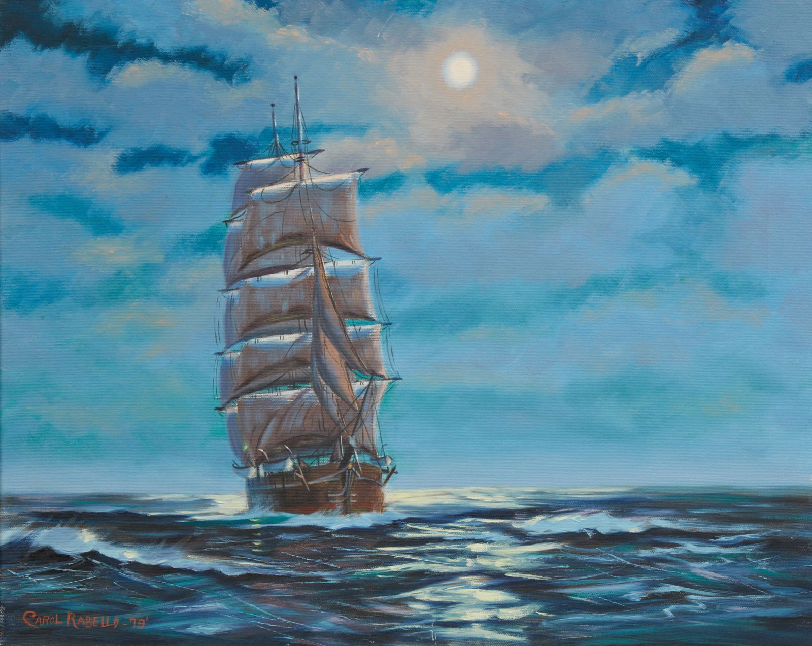 Carol Rabello (20th century), Clipper ship in moonlight, 1979, oil on canvas: Carol Rabello(20th century)Clipper ship in moonlight, 1979oil on canvassigned lower left CAROL RABELLO and dated16 x 20in (40 .5 x 51cm) Provenance:Property of a Priva