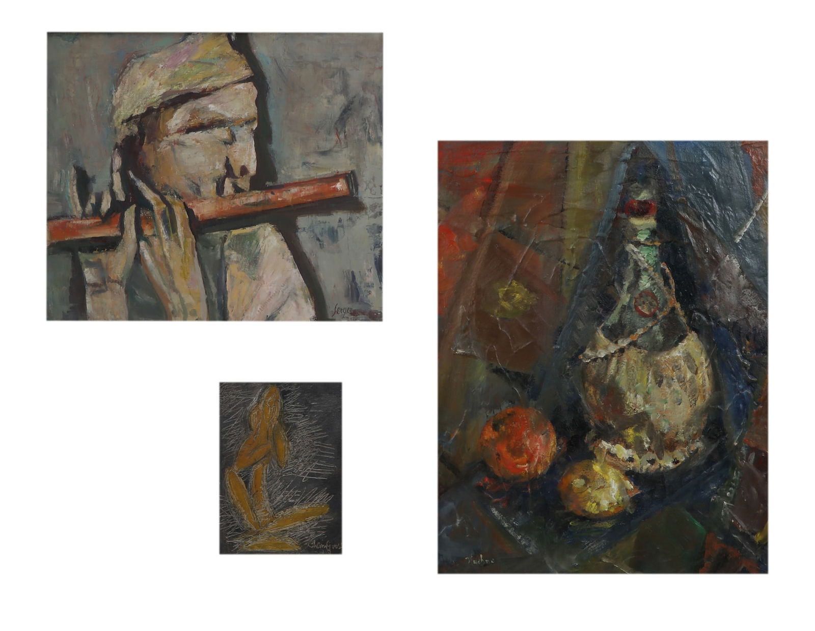 Three American paintings, Max Kuehne, Chaim Gross and Frederick Serger, 20th century: Three American paintingsMax Kuehne, Chaim Gross and Frederick Serger20th centuryComprising Max Kuehne (1880-1968) oil on board Still Life, Chaim Gross (1904-1991) oil on canvas board Abstract Figure a