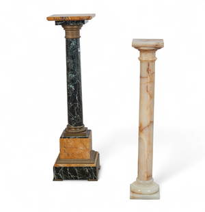 A Neoclassical style bronze mounted mixed marble pedestal and an alabaster pedestal, 20th century: A Neoclassical style bronze mounted mixed marble pedestal and an alabaster pedestal20th centuryLarger with rotating top.larger height 46 1/2in ( 118cm); width 12in (30.5cm)Provenance:The mixed