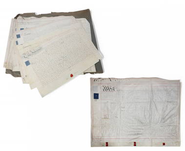 Twelve 19th century British legal indentures on vellum: Twelve 19th century British legal indentures on vellumlot includes twelve hand inked British Indentures on lined vellum; many with red and blue wax stamped seals with signatures.largest 23 x 30in (59