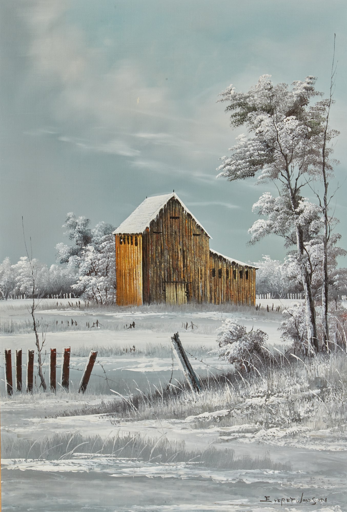 Everett Woodson (American, 1933-2016), Old barn in a snowy landscape, oil on canvas: Everett Woodson (American, 1933-2016) Old barn in a snowy landscape oil on canvas signed lower right Everet Woodson 36 x 24in (91.5 x 61cm) Provenance: Property of a Private