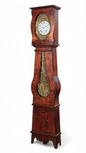 A French grain painted and decorated tall case clock, Perry, Monflanquin, 19th century and later: A French grain painted and decorated tall case clockPerry, Monflanquin19th century and laterThe dial inscribed Perry Hger / a Monflanquin, with a twin train movement.height 92 1/2in (235cm); width 19