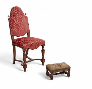 A Continental Baroque side chair and associated footstool, late 19th-early 20th century: A Continental Baroque side chair and associated footstoollate 19th-early 20th century(2)chair 42 1/4in (107cm); width 19in (48cm); depth of seat 15in (38cm) Provenance:Property from the collection of