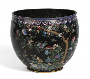 A large Chinese export cloisonne enamel jardiniere: A large Chinese export cloisonne enamel jardiniereheight 15in (38cm); diameter 17in (43cm)
