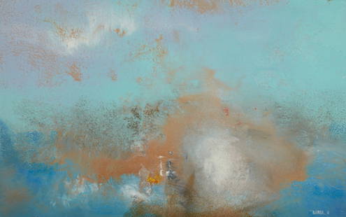 Leonardo M Nierman (American/Mexican, 1932-2023), Abstract painting, 1960, Oil on canvas: Leonardo M Nierman(American/Mexican, 1932-2023)Abstract painting, 1960Oil on canvasA composition in blue, brown, and white tones. Signed and dated lower left. Giltwood frame with linen liner.24 3/4in