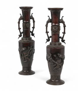 A pair of Japanese Meiji style bronze vases: A pair of Japanese Meiji style bronze vasesheight 21 x width 5 1/2 in. (53.3 x 14 cm.)