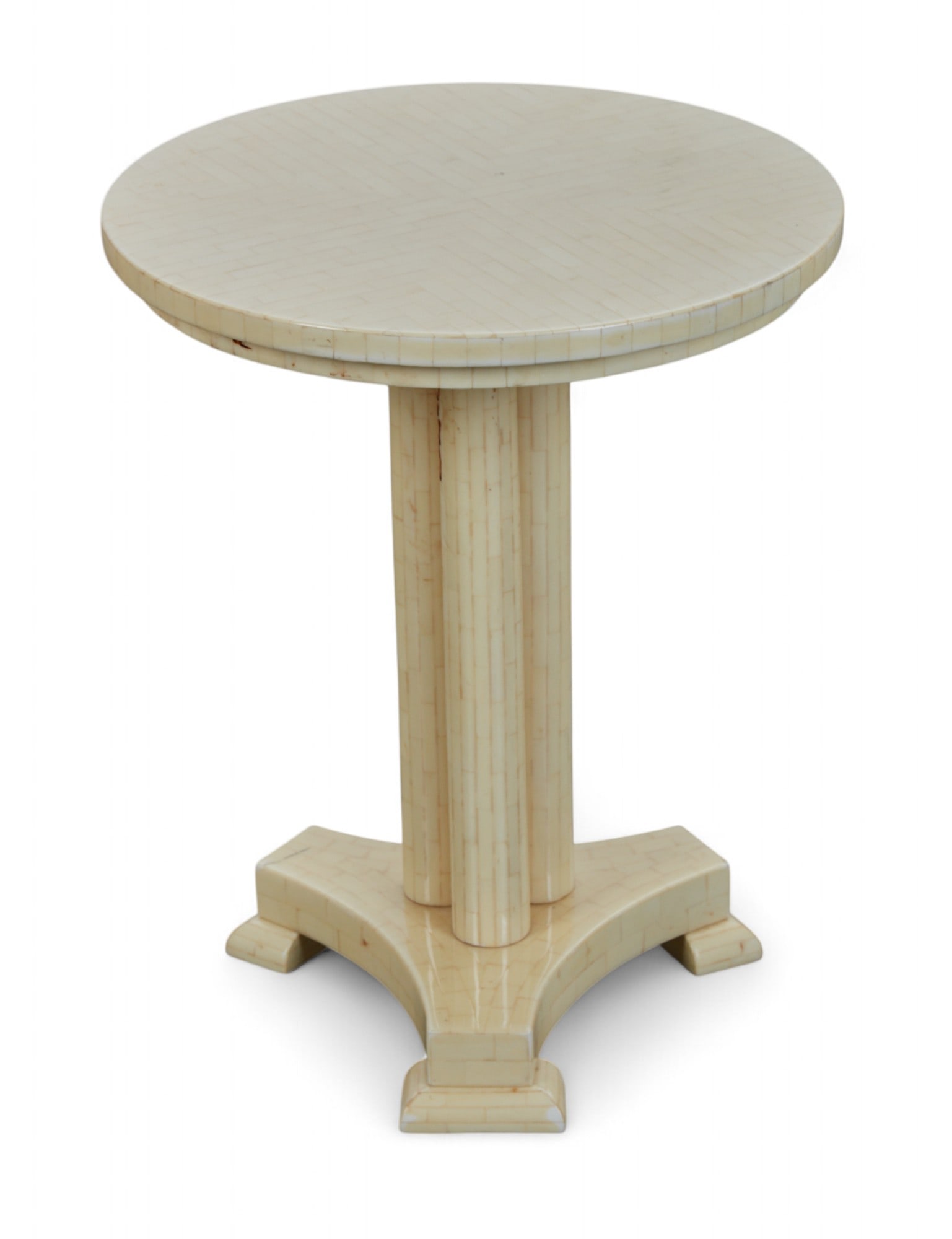 A tessellated pedestal side table by Enrique Garcel for Jimeco: A tessellated pedestal side table by Enrique Garcel for JimecoThe circular top over a fluted column and tripod plinth base, clad in cream-toned tessellated bone veneer with a high-gloss finish. Retain