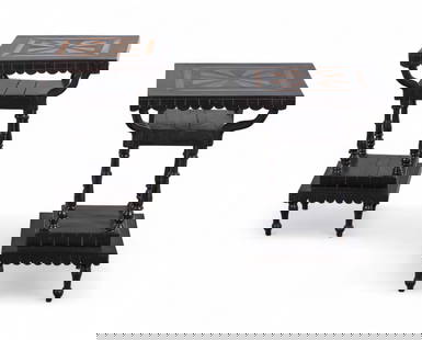 A pair of Anglo-Indian ebonized and inlaid side tables, Late 19th to early 20th Century: A pair of Anglo-Indian ebonized and inlaid side tablesLate 19th to early 20th CenturyEach with a square top inlaid with radiating geometric panels of contrasting hardwoods, over a scalloped apron, rai