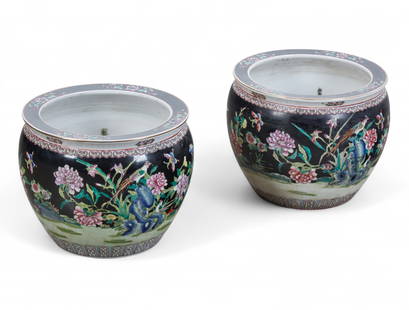 A pair of Chinese porcelain planters, 20th century: A pair of Chinese porcelain planters, 20th centuryIn the famille noire palette.height 12in (30.5cm); diameter 14 1/2in (37cm)