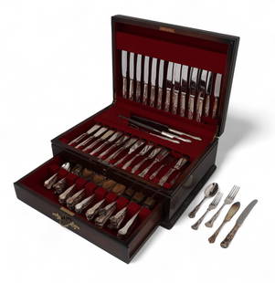 A silver-plated flatware service in King's pattern style by Harrison Fisher & Co.: A silver-plated flatware service in King's pattern style by Harrison Fisher & Co.In a fitted canteen, comprising 12 dinner knives, 12 luncheon knives, 12 fish forks, 12 fish knives, 12 dinner forks, 1