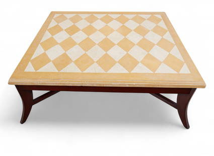 A mahogany coffee table with harlequin stone top, in the manner of Gio Ponti: A mahogany coffee table with harlequin stone top, in the manner of Gio PontiThe square top inlaid with ochre and cream stones in a harlequin pattern within a conforming border, raised on a mahogany ba