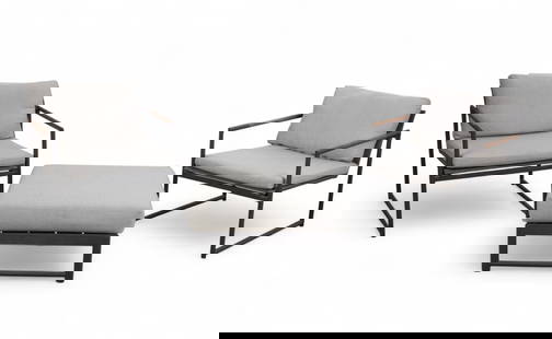 A set of two Harbour Outdoor 'Breeze' lounge chairs and an ottoman: A set of two Harbour Outdoor 'Breeze' lounge chairs and an ottomanEach chair with teak wood armrests and a high-performance aluminum frame. The ottoman of matching construction.Chairs: height 27 1/2in