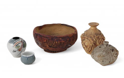 A group of five studio ceramic articles, 20th century: A group of five studio ceramic articles, 20th centuryEach of varied form and glaze, some bearing the artist?s mark to the underside.(tallest): height 4 1/2in (11.5cm)