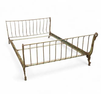 An antique wrought iron bed frame: An antique wrought iron bed frame19 century, FrenchHeadboard: height 29 x width 59 in. (73.7 x 149.9 cm.)
