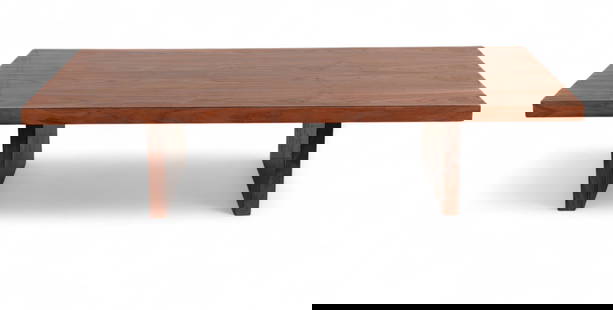 A mid-century modern style coffee table: A mid-century modern style coffee tableWith a rectangular top over twin slab supports, and underside reinforced with metal brackets.height 14 1/2in (37cm); width 60in (152cm); depth 30in (76cm)