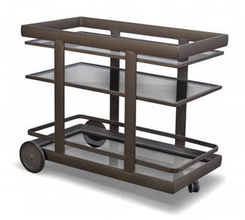 A Brown Jordan 'Parkway' serving cart, designed by John Caldwell, contemporary: A Brown Jordan 'Parkway' serving cart, designed by John Caldwell, contemporaryWith three-tiered glass shelves framed in extruded aluminum, the rectangular form raised on two large wheels.height 37 1/4