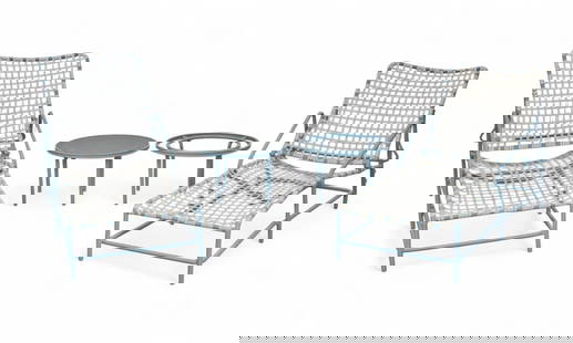 A Tadao Inouye for Brown Jordan powder 'Kantan' eight-piece patio lounge set: A Tadao Inouye for Brown Jordan powder 'Kantan' eight-piece patio lounge setComprising six loungers and two small circular tables. Each appears unmarked.One glass top lacking.Designed 1956.
