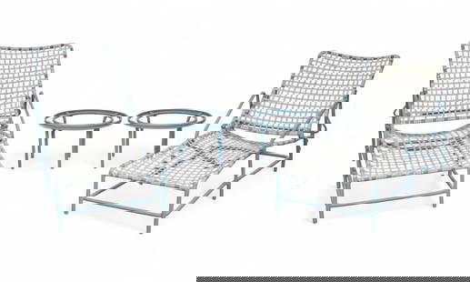 A Tadao Inouye for Brown Jordan powder 'Kantan' eight-piece patio lounge set: A Tadao Inouye for Brown Jordan powder 'Kantan' eight-piece patio lounge setComprising six loungers and two small circular tables. Each appears unmarked. Glass topa lacking.Designed 1956.