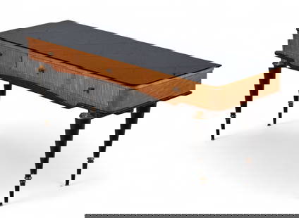An Italian Modernist parcel ebonized low console table, mid-20th century: An Italian Modernist parcel ebonized low console tablemid-20th centuryWith black glass top.height 20 1/2in (52cm); width 48in (122cm); depth 15in (38cm)