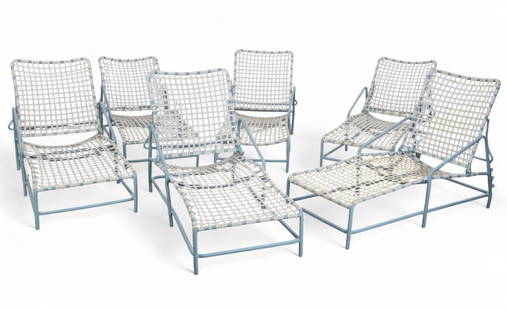 A Tadao Inouye for Brown Jordan 'Kantan' eight-piece patio lounge set: A Tadao Inouye for Brown Jordan 'Kantan' eight-piece patio lounge setComprising six loungers and two small circular tables. Each appears unmarked.Designed 1956.Loungers: Height 23in (58cm); width 27in