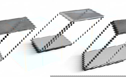 A pair of modern chrome two-tier side tables: A pair of modern chrome two-tier side tablesEach with a glass top and mirrored lower shelf, raised on square chrome legsheight 22 1/2in (57cm); width 22in (56cm); depth 22in (56cm)