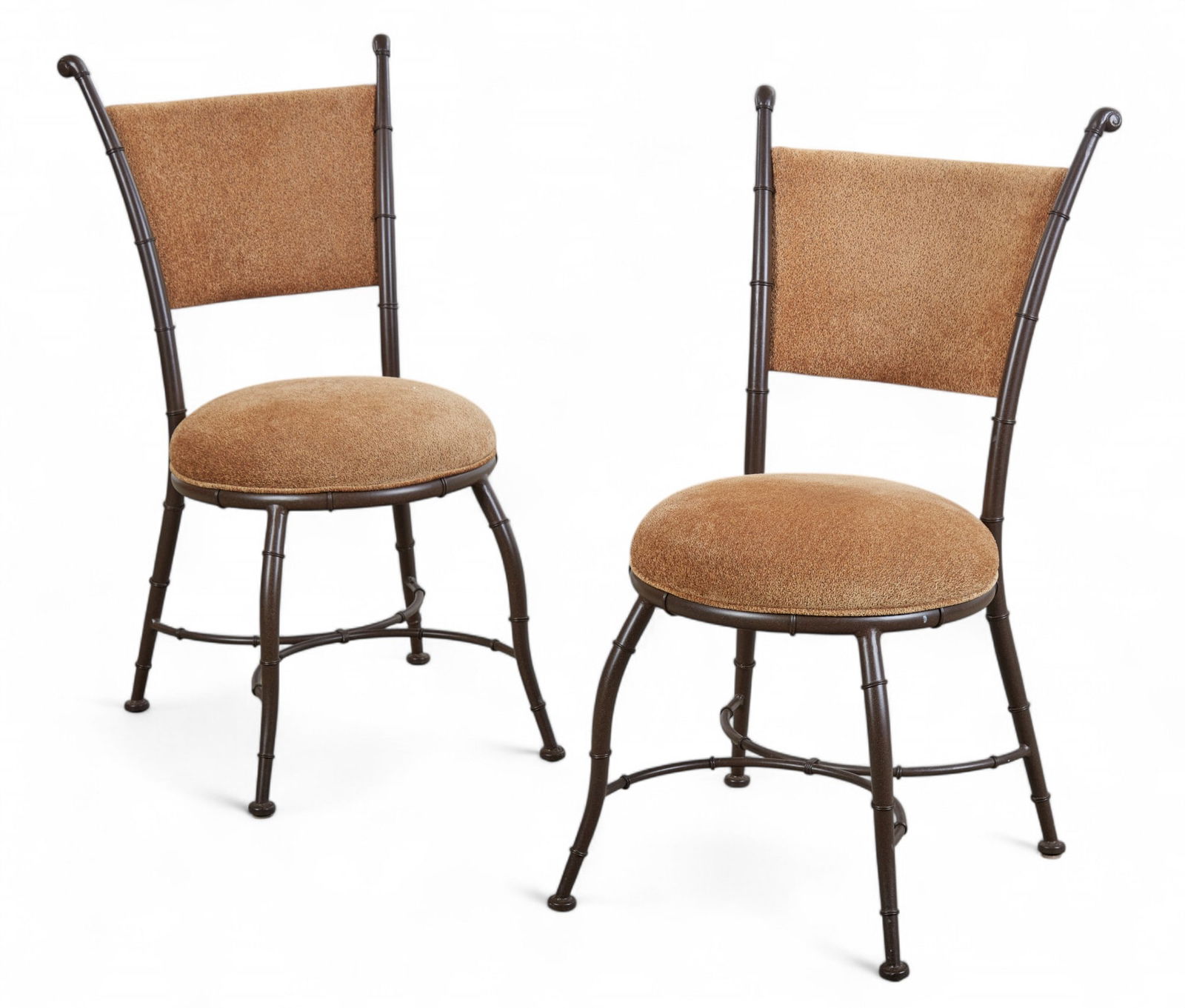 A pair of faux-bamboo patinated metal side chairs, Trendler Inc., Chicago, late 20th century: A pair of faux-bamboo patinated metal side chairs, Trendler Inc., Chicago, late 20th centuryEach with an upholstered contoured back and circular padded seat, raised on faux-bamboo style legs joined by