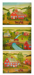 Simon Zoto (American, b. 1930), A group of three naïve village scenes, Oil on canvas: Simon Zoto(American, b. 1930)A group of three naïve village scenesOil on canvasEach a rural village scene with stylized figures, carriages, and buildings in a bright palette. Oil on canvas, all signe